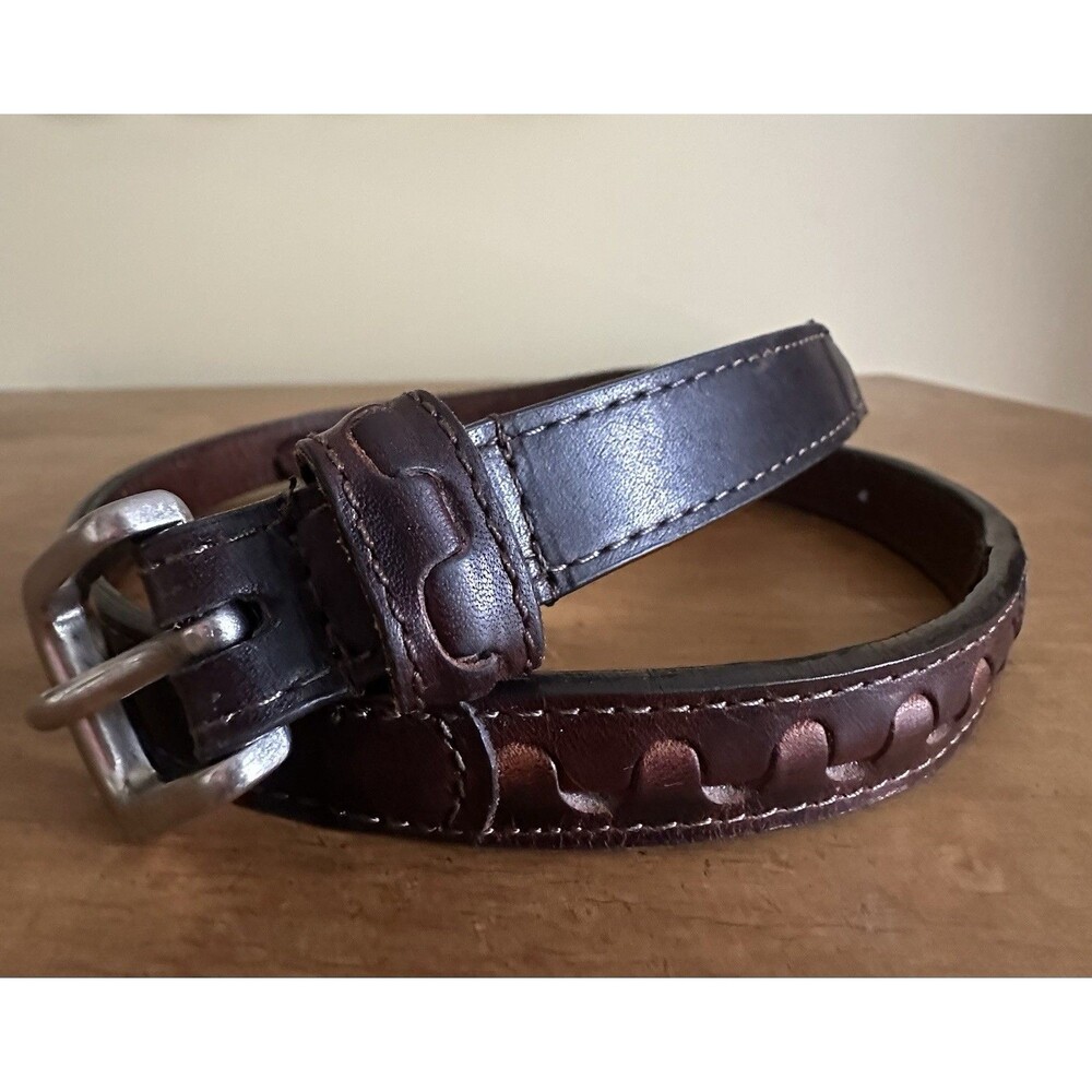 VTG 90s Y2K Dockers Brown Leather Belt with detailing Silver Buckle Sz 34”